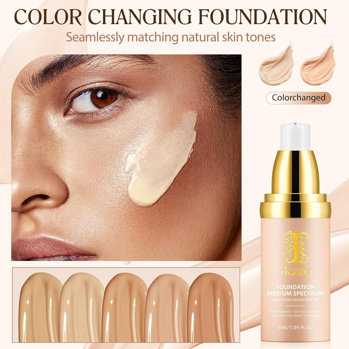 Color Changing Foundation 4 in 1 Medium Spectrum, Flawless Foundation Color Changing Makeup Full Coverage Concealer SPF50+, Hydrating Longwearing Waterproof Liquid Foundation for Mature Skin, 30Ml