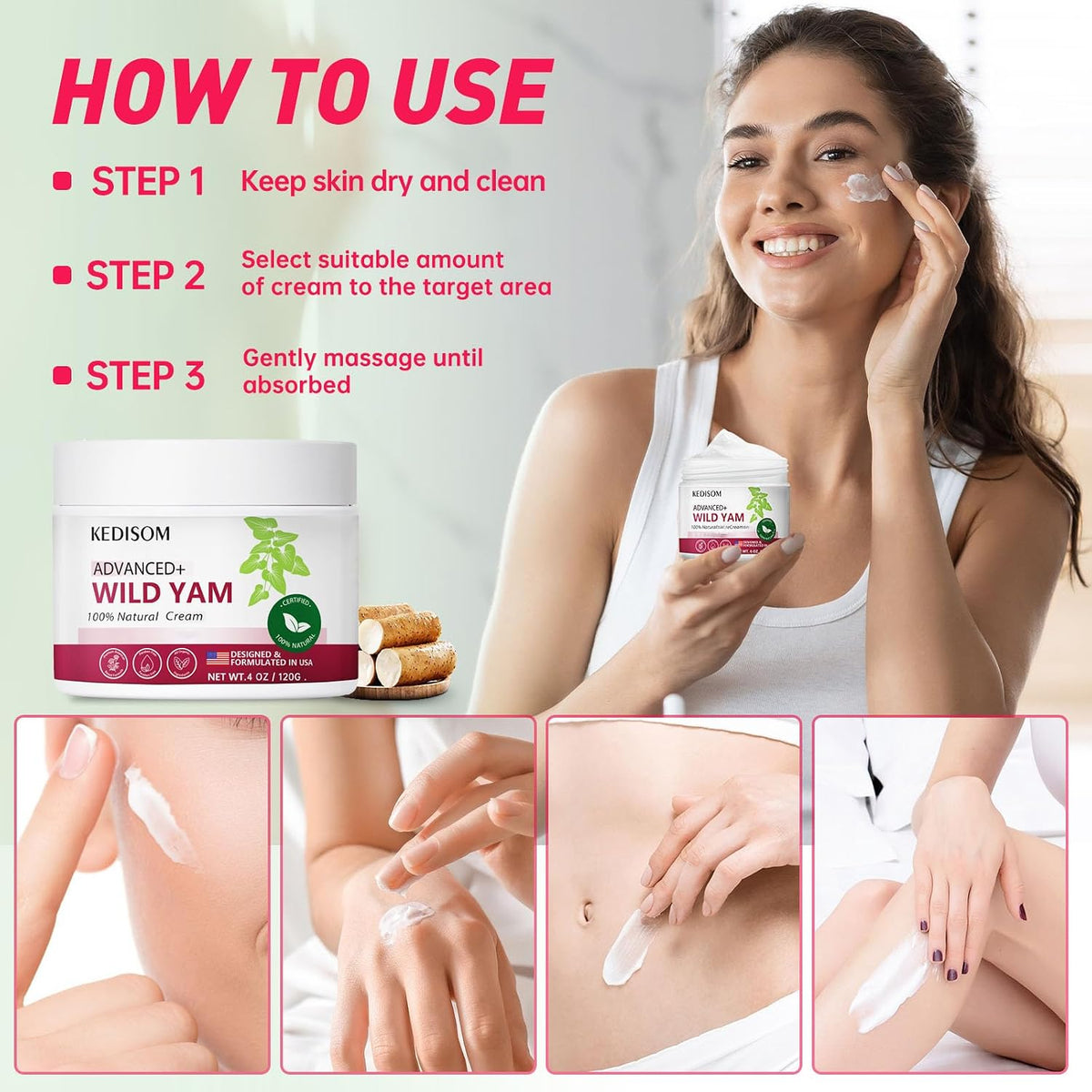 Wild Yam Cream for Skin Rejuvenation - Natural Formula with Wild Yam Root, Organic Wild Yam Cream for Softens and Moisturizes - Fast Absorbing, Non-Greasy, 4Oz