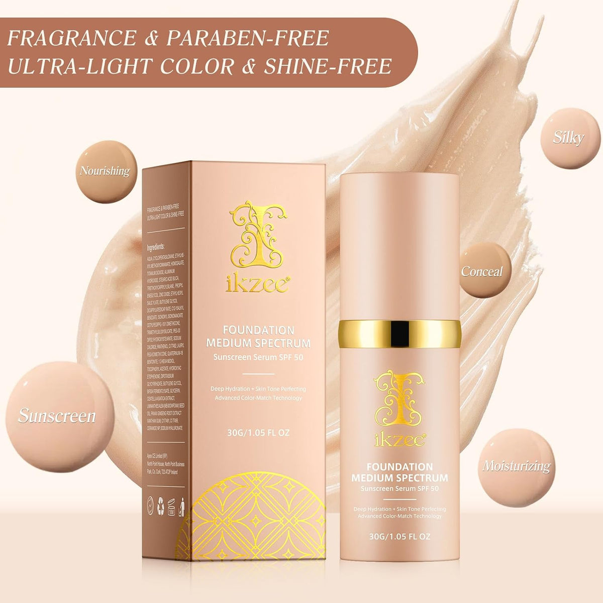 Color Changing Foundation 4 in 1 Medium Spectrum, Flawless Foundation Color Changing Makeup Full Coverage Concealer SPF50+, Hydrating Longwearing Waterproof Liquid Foundation for Mature Skin, 30Ml