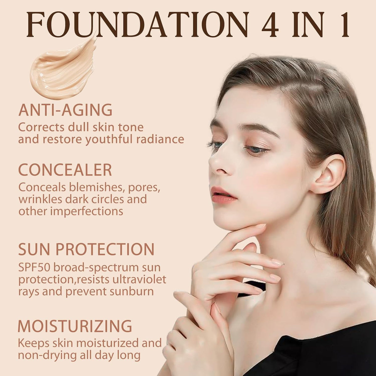 Color Changing Foundation 4 in 1 Medium Spectrum, Flawless Foundation Color Changing Makeup Full Coverage Concealer SPF50+, Hydrating Longwearing Waterproof Liquid Foundation for Mature Skin, 30Ml