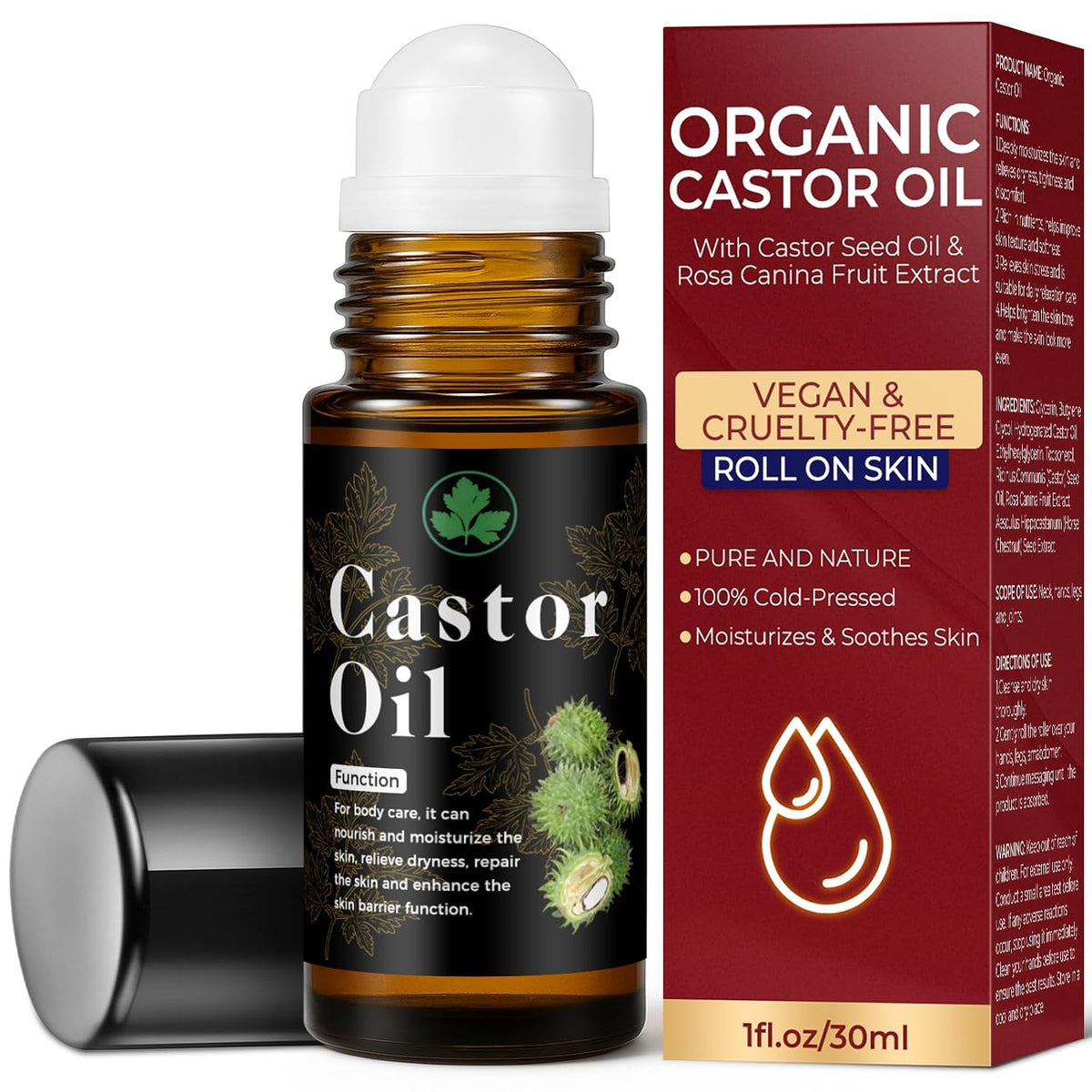 Organic Castor Oil Roll on – 100% Pure & Cold Pressed Organic Castor Oil for Face, Body, Hexane Free, Glass Bottle – Hair & Eyelashes Growth, Moisturize Skin, 1Fl Oz