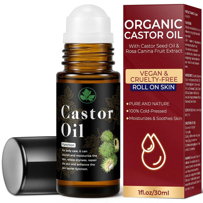 Organic Castor Oil Roll on – 100% Pure & Cold Pressed Organic Castor Oil for Face, Body, Hexane Free, Glass Bottle – Hair & Eyelashes Growth, Moisturize Skin, 1Fl Oz