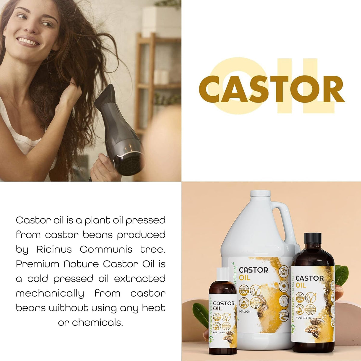 Castor Oil Pure Carrier Oil - Cold Pressed Castor Oil for Essential Oils Mixing Natural Skin Moisturizer Body & Face, Eyelash Caster Oil, Eyelashes Eyebrows Lash & Hair Growth Serum 4 Oz
