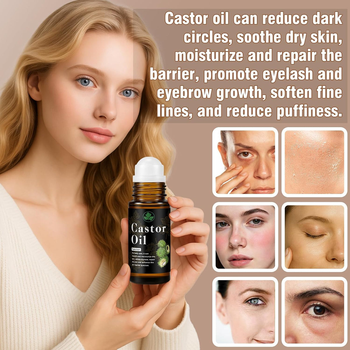 Organic Castor Oil Roll on – 100% Pure & Cold Pressed Organic Castor Oil for Face, Body, Hexane Free, Glass Bottle – Hair & Eyelashes Growth, Moisturize Skin, 1Fl Oz
